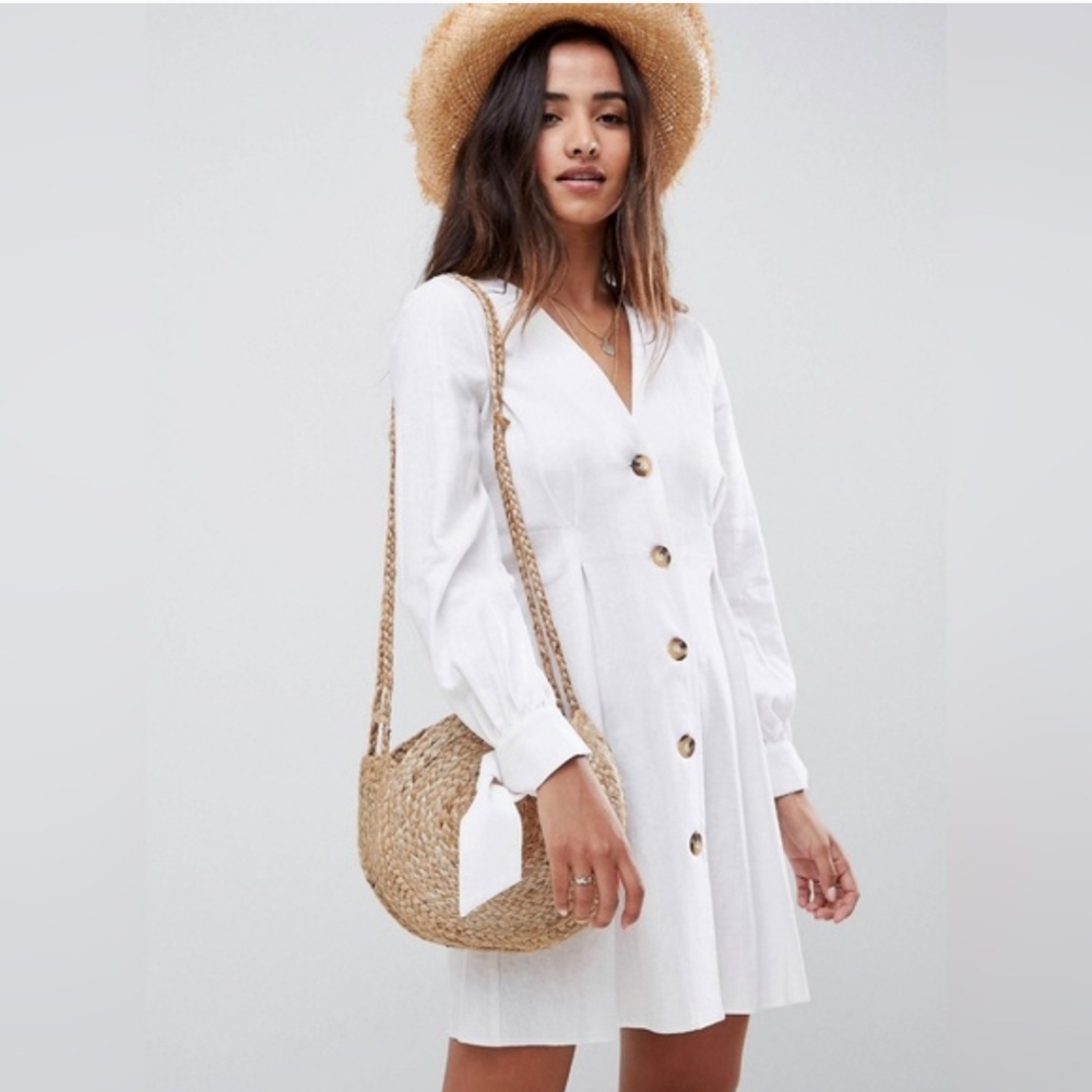 ASOS White Linen Blend Festival Long Sleeve Tie Sleeve Mini Dress